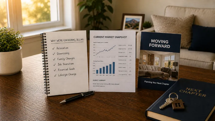 Homeowners reviewing a property sale and moving plan