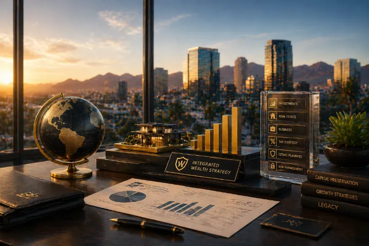 Integrated wealth strategy connecting real estate, investments, tax planning, liquidity, and risk management