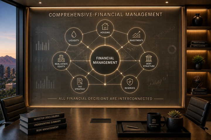 Financial-management diagram connecting real estate equity, investments, housing, debt, liquidity, tax strategy, and reserves