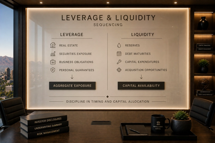 Wealth-planning analysis comparing leverage, loan maturities, liquidity reserves, and investment exposure